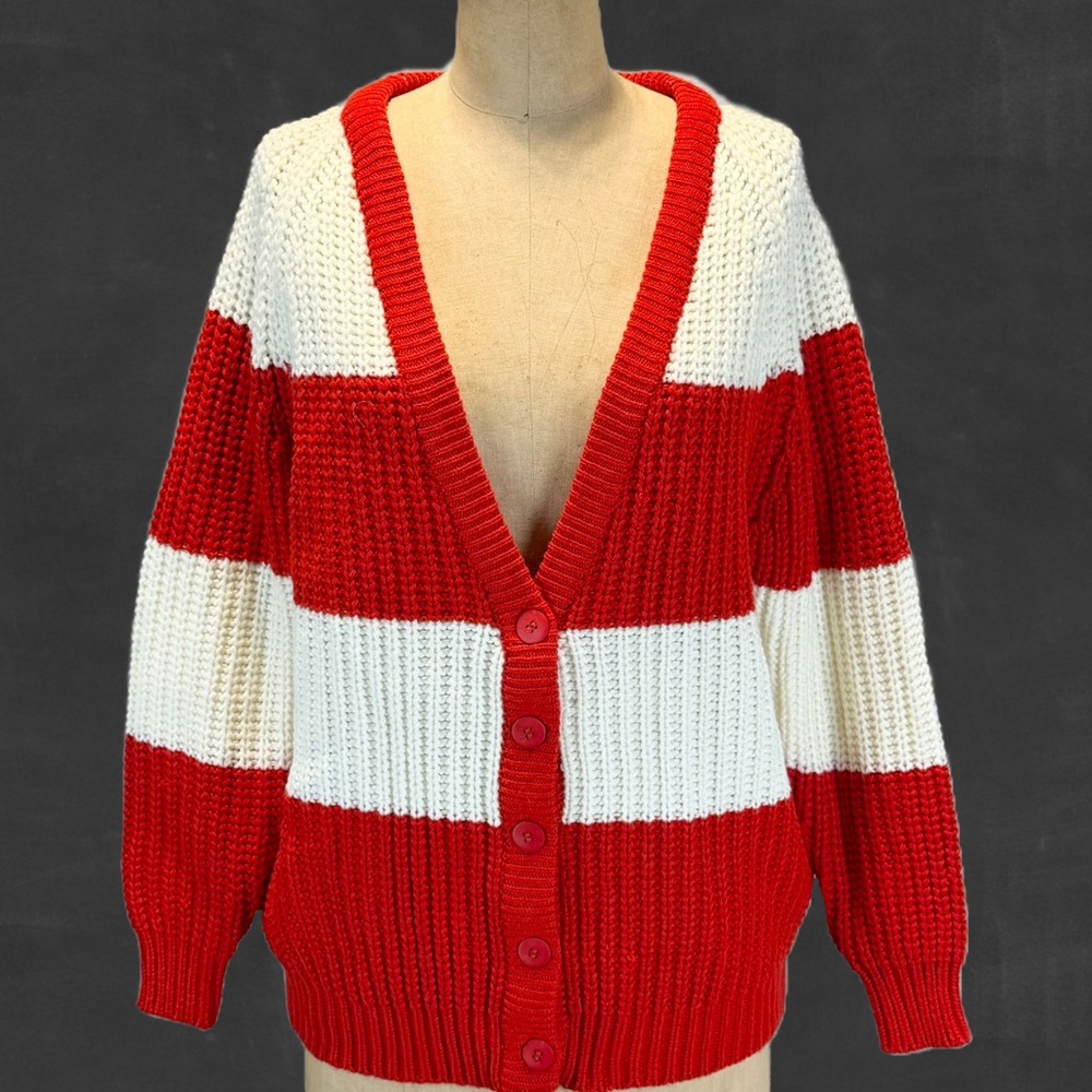 VINTAGE varsity stripe‎ chunky knit sweater cardigan v neck button front 80s 90s